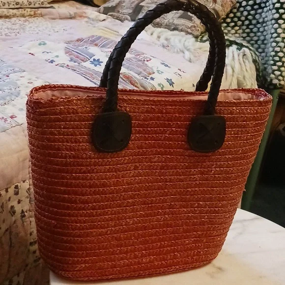 Pink Straw Satchel, 12 X 10, Vintage 1990s Bag, Linen Lined - Picture 3 of 6